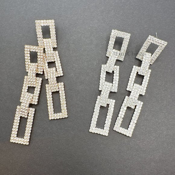 Gold Tone Rhinestone Rectangle Chain Link Earrings - Picture 9 of 10